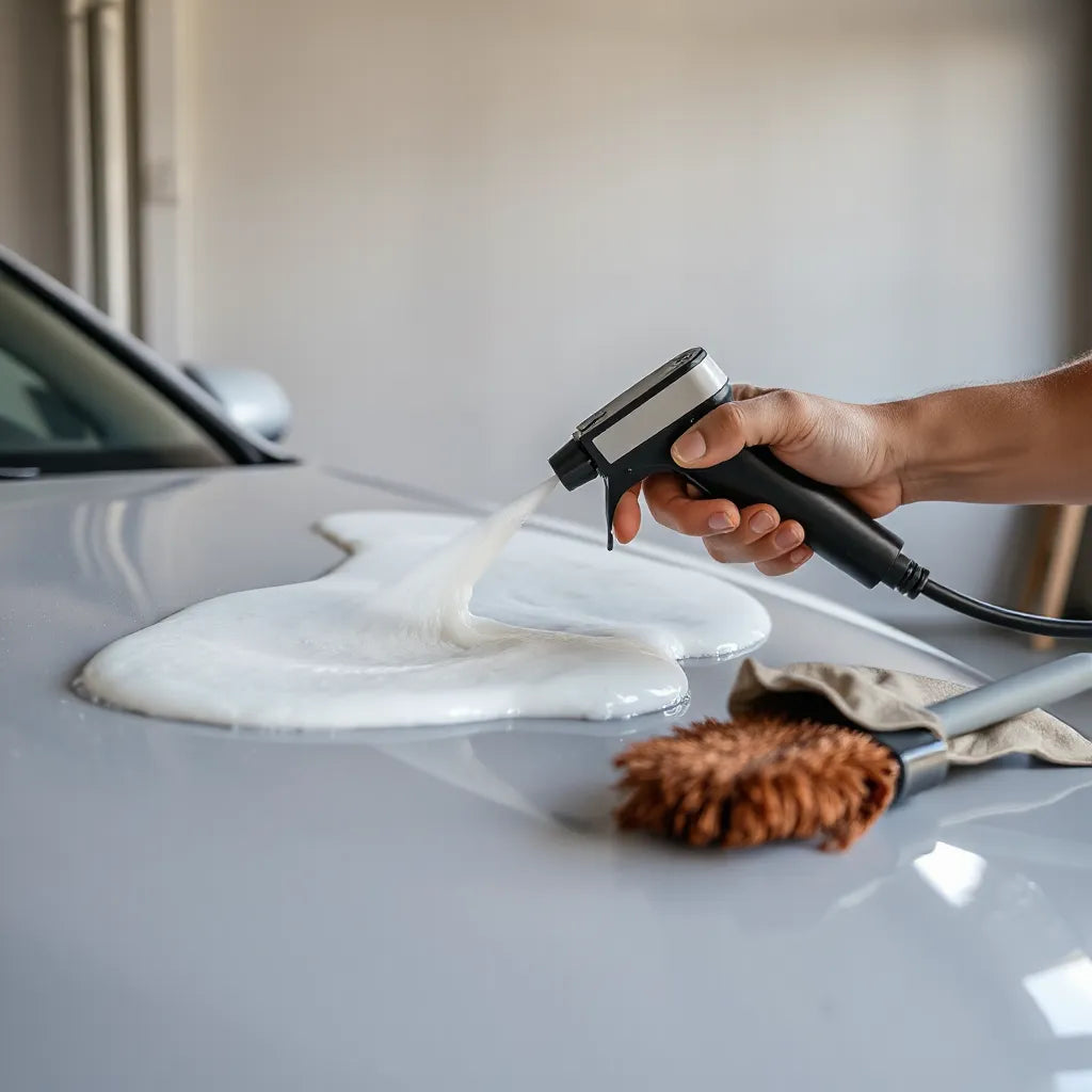 Handheld foam sprayer covering a car hood with thick cleaning foam in a garage