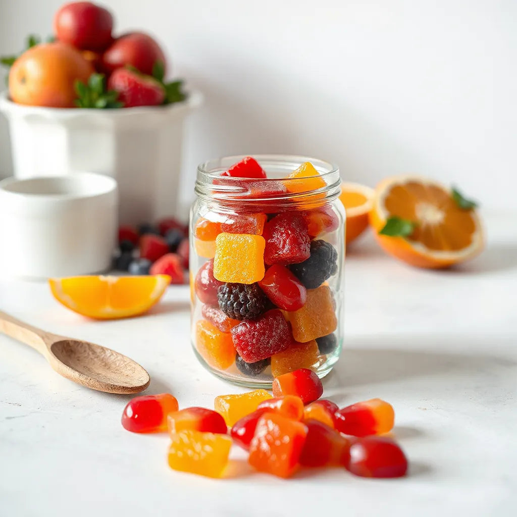 Colorful vegan gummies in a glass jar with fresh berries and orange slices on a clean countertop