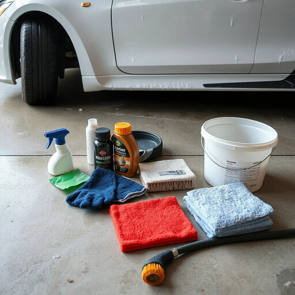 Car wash kit items and microfiber towels arranged beside a car in a home garage driveway